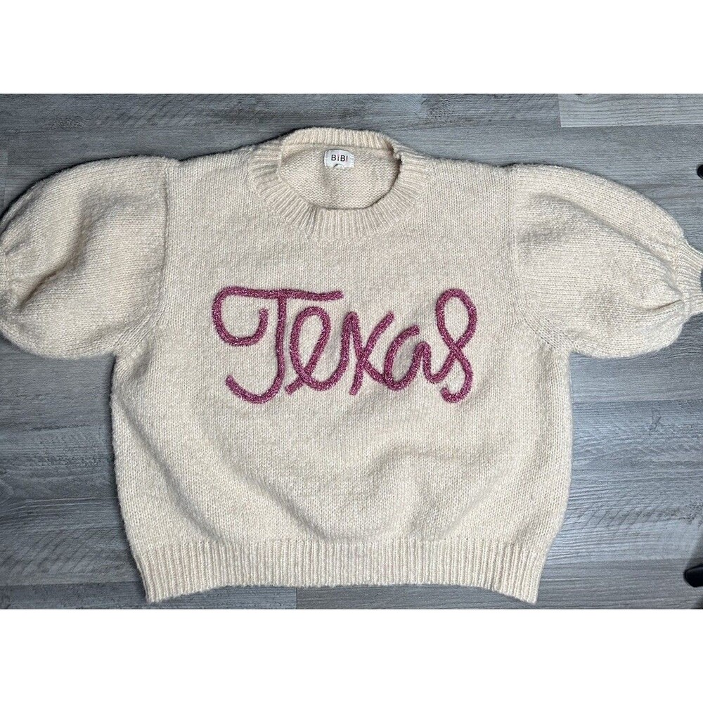 BiBi Texas Metallic Letter Short Puff Sleeve Hairy Sweater Cream Ivory Large